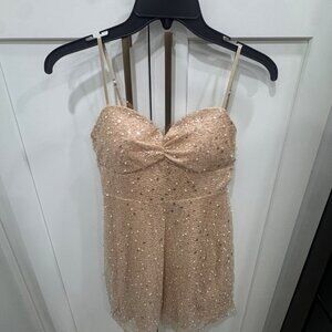 Emerald Sundae Womens Gold Sequin Mini Dress With Spaghetti Straps & Sweetheart